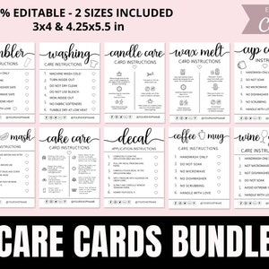 Care Cards Bundle I  Canva Template I Cake Card Instructions I Candle Care Cards I Wax Melts Care I Tumbler Care Card I Washing Care Card