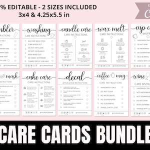 Care Cards Bundle I  Canva Template I Cake Card Instructions I Candle Care Cards I Wax Melts Care I Tumbler Care Card I Washing Care Card