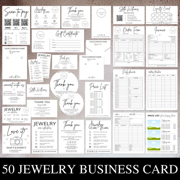 Jewelry Business Bundle I Editable Canva Template, Qr Code Sign, Invoice Template, Care Instructions, Order Form, Necklace Display Card