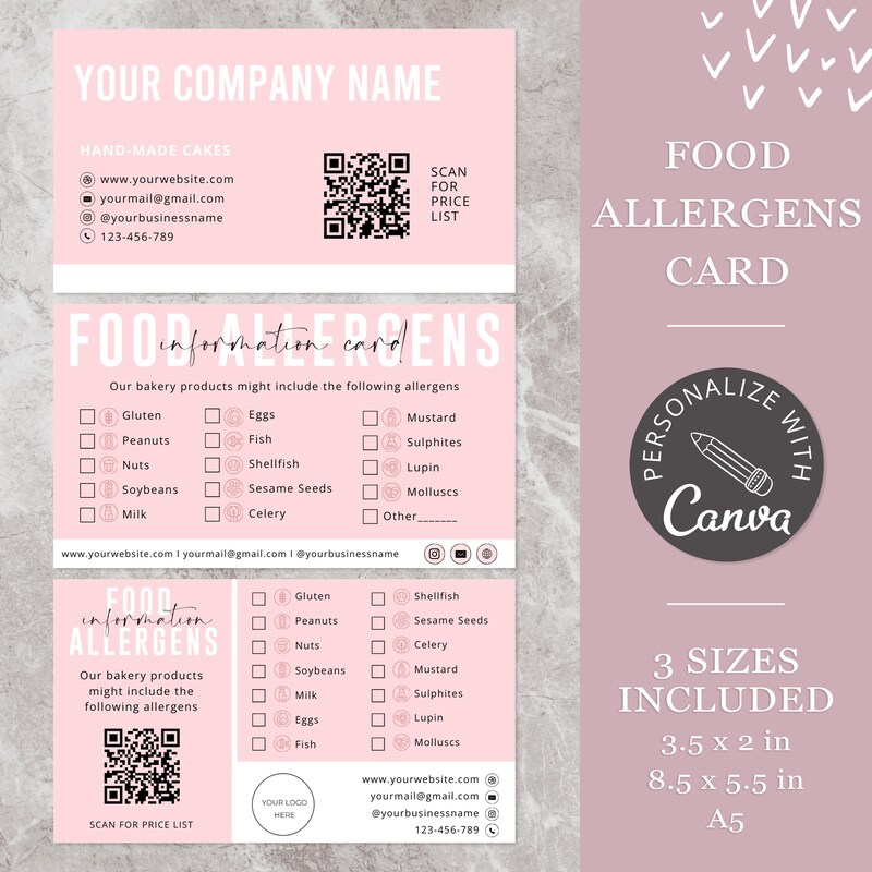 Food Allergy Card Template Etsy