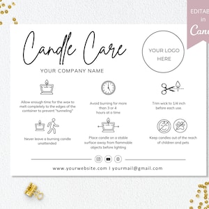 May include: A white card with black text titled "Candle Care" and instructions for candle use. Includes icons and text such as "Trim wick to 0.6 cm before each use" and "Keep candles out of the reach of children and pets."