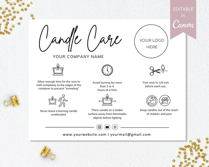 May include: A white card with black text titled "Candle Care" and instructions for candle use. Includes icons and text such as "Trim wick to 0.6 cm before each use" and "Keep candles out of the reach of children and pets."