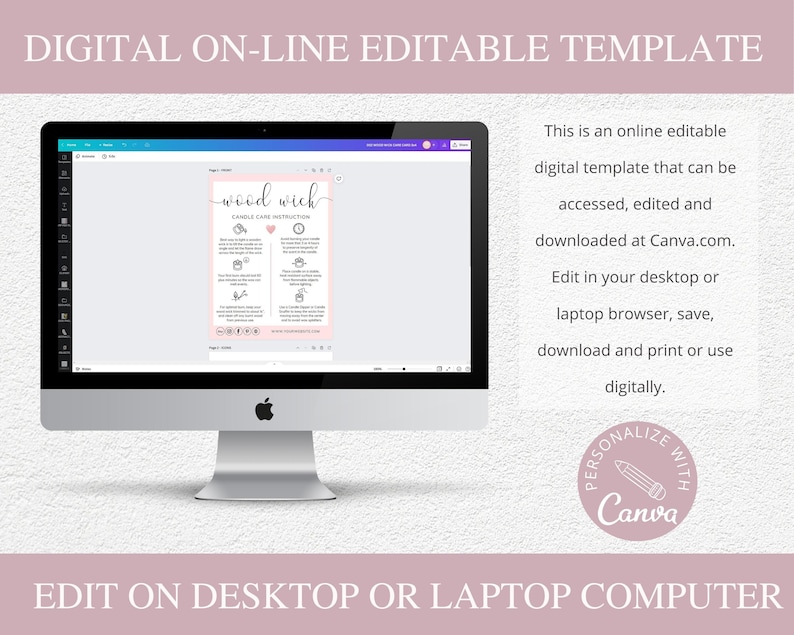 May include: A digital template for a candle care instruction card. The card is pink with white text and features the words "wood wick" in a handwritten font. The text includes instructions for burning candles safely and properly.