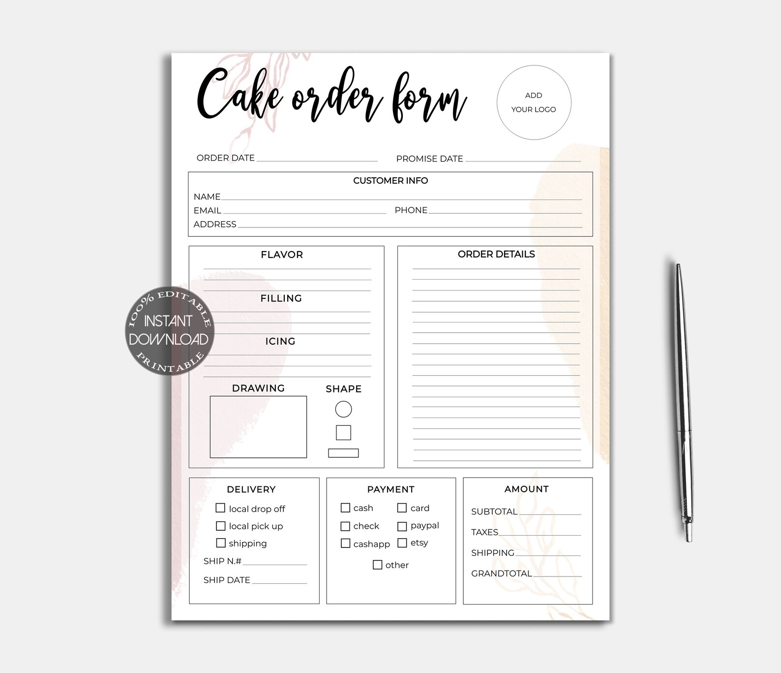 Cake Order Form Editable Bakery Order Form Printable Small - Etsy UK