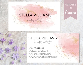 Plantilla de tarjeta de presentación rosa, plantilla editable de Canva, tarjetas de presentación personalizadas para imprimir, tarjeta de presentación pequeña profesional. DTP-025