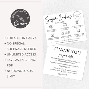 sugar cookies care card, care instructions, editable canva template