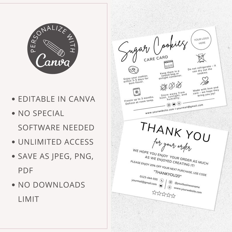 sugar cookies care card, care instructions, editable canva template