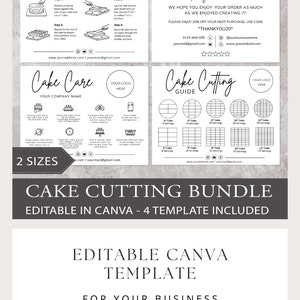 cake care card, instant download, cake cutting guide, care instructions, small business, cake cutting set, canva template, bakery care card, cake care guide, cake portion guide, cake business, thank you cards, editable template