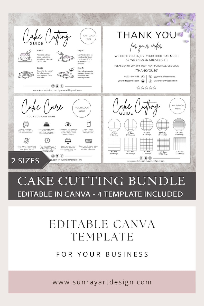 cake care card, instant download, cake cutting guide, care instructions, small business, cake cutting set, canva template, bakery care card, cake care guide, cake portion guide, cake business, thank you cards, editable template