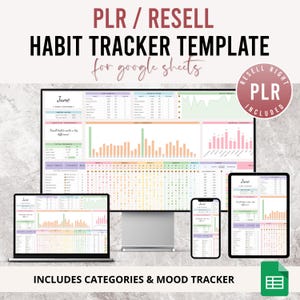 Puede incluir: Una plantilla digital de seguimiento de hábitos para Google Sheets, que se muestra en un monitor de escritorio, una computadora portátil, una tableta y un teléfono inteligente. La plantilla incluye categorías y un rastreador de estado de ánimo. El texto de la imagen dice "PLR / RESELL HABIT TRACKER TEMPLATE for google sheets".