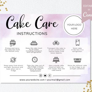 ケーキのお手入れカード テンプレート、Canva で編集可能なウェディング ケーキのお手入れカード、印刷可能なケーキのお手入れガイド、ケーキのお手入れ方法、即時ダウンロード。DTP-031