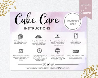 Cake Care Card Template, Canva Editable Wedding Cake Care Cards, Printable Cake Care Guide, Cake Instructions, Instant Download. DTP-031