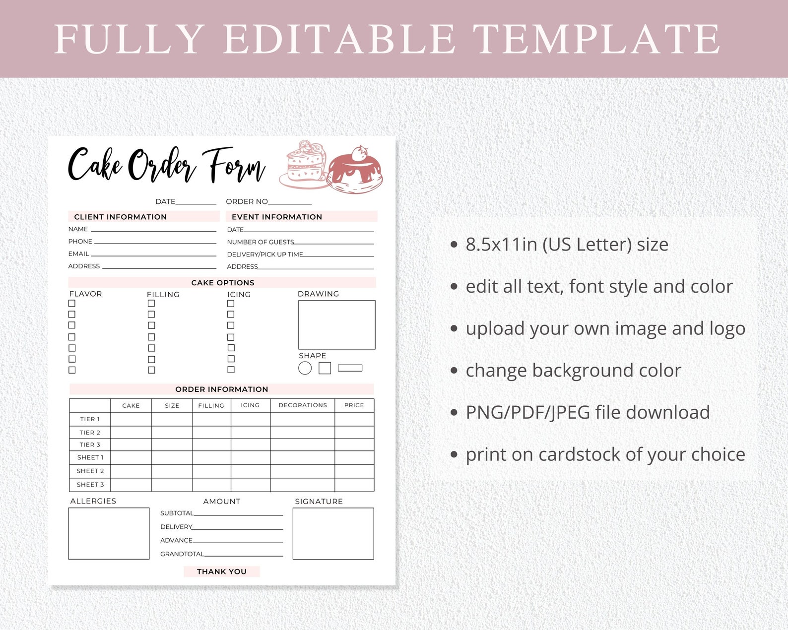 Cake Order Form Template | Editable Canva Template I Bakery Order Form ...