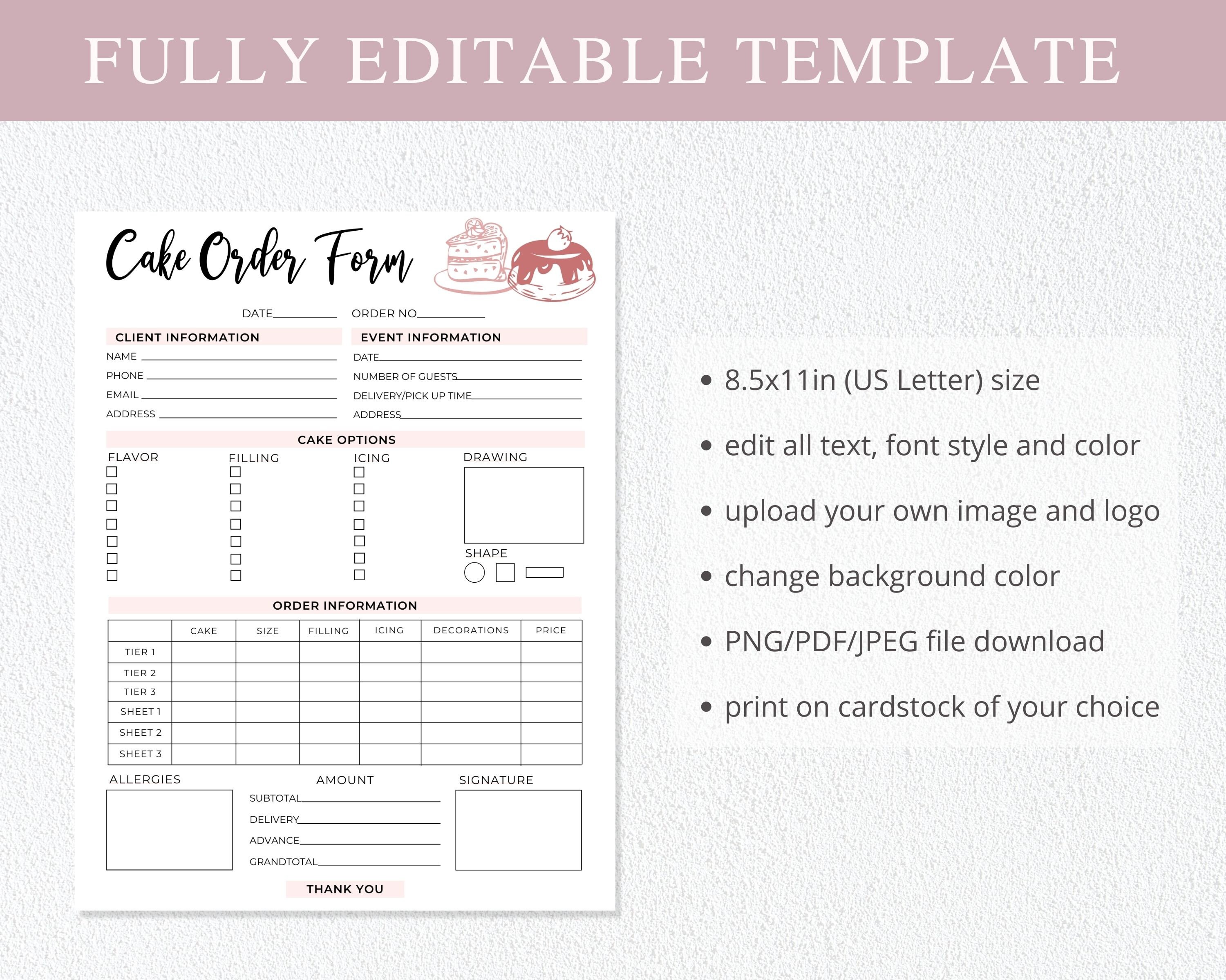 Cake Order Form Template | Editable Canva Template I Bakery Order Form ...