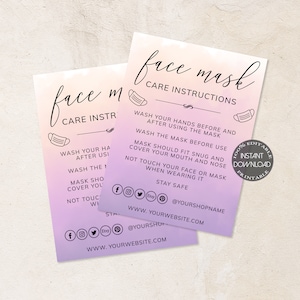 Face Mask Care Cards Printable, Editable Face Mask Instructions, Face Mask Instructions Card Template, Etsy Shop Face Mask Package. Dtp-019