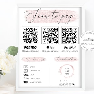 Bearbeitbare Scan-to-Pay-Karte, bearbeitbare Canva-Vorlage, QR-Code-Zeichenvorlage, CashApp PayPal-Zeichen für kleine Unternehmen, Venmo-Zahlung druckbar