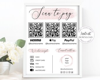 Editable Scan to Pay Card, Canva Editable Template, QR Code Sign Template, CashApp PayPal Sign for Small Business, Venmo Payment Printable