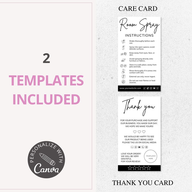room spray diffuser, care card, canva template, care instructions