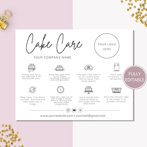 Modelo de cartão de cuidados com bolo, cartões de cuidados com bolo de casamento editáveis do Canva, guia de cuidados com bolo para impressão, instruções para bolo, download instantâneo. DTP-031