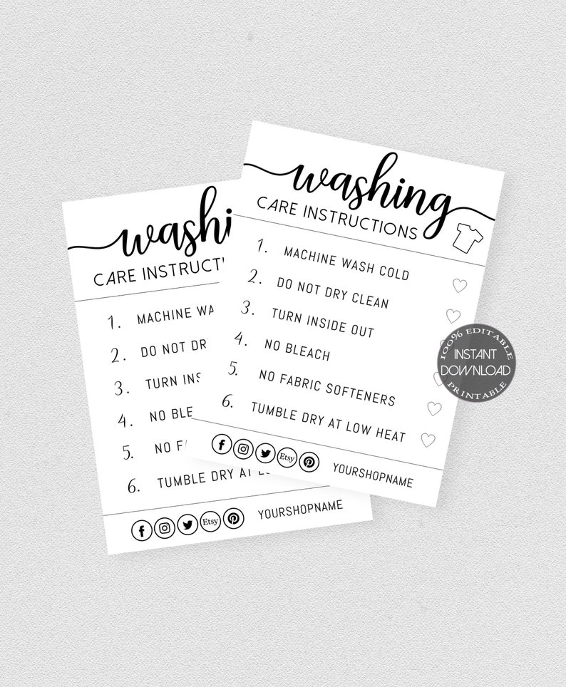 WASHING INSTRUCTIONS Care Card Template Editable Etsy Shop | Etsy