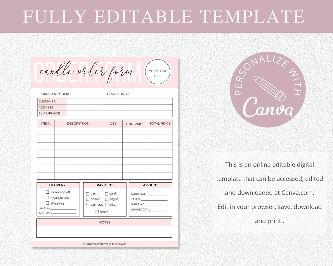 Candle Order Form Template, Editable Canva Invoice Template, Small ...