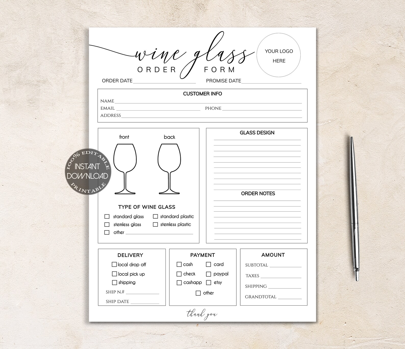 Wine Glass Order Form Editable Small Business Forms Craft Etsy