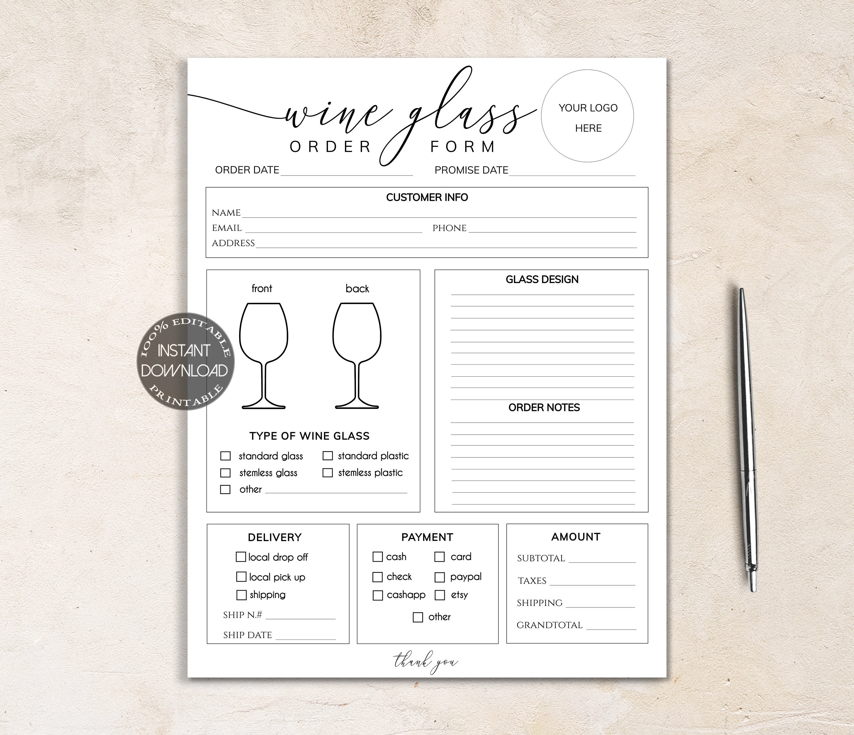 Wine Glass Order Form Editable, Small Business Forms, Craft Order Form Template, Add Your Logo Forms, Printable Glass Order Forms. Dtp-004