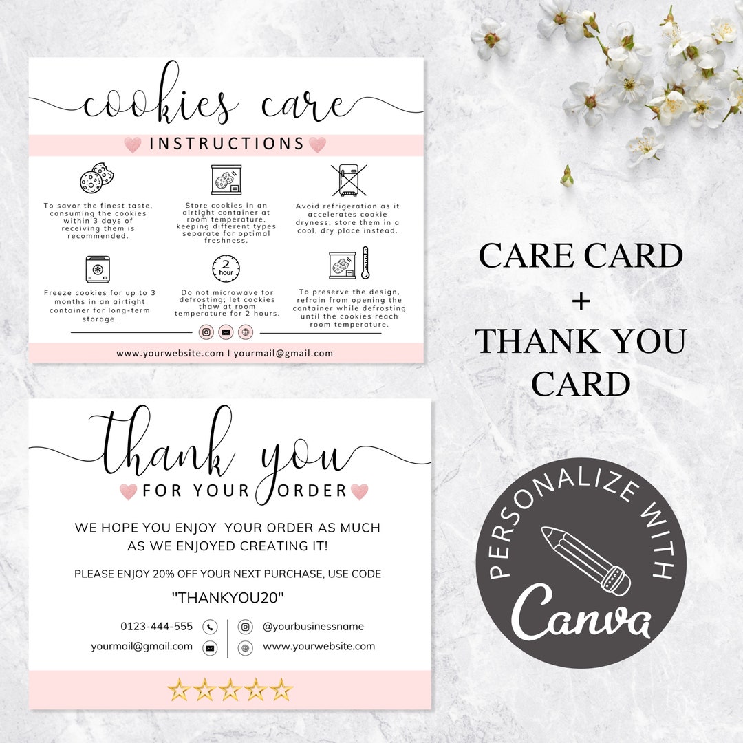 Cake Care Card I Canva Template I Cookie Care Card, Thank You Cards ...