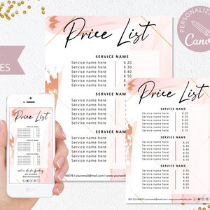 Modelo de lista de preços, lista de preços de cabelo DIY editável do Canva, lista de preços de beleza, guia de preços de negócios, folha de preços de padaria rosa. DTP-003