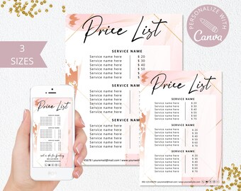 Puede incluir: Una plantilla de lista de precios rosa y dorada con un diseño geométrico. La plantilla tiene el texto "Price List" en la parte superior y una lista de servicios con precios. La plantilla es personalizable con Canva.