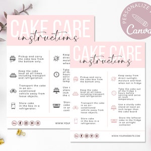 Cartão de cuidados com bolo editável - Modelo Canva para instruções de cuidados com bolo de casamento, guia de embalagem de bolo, cartões de cuidados personalizados, etiquetas comerciais