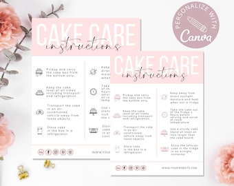Carte d'entretien pour gâteau modifiable - modèle de toile pour instructions d'entretien de gâteau de mariage, guide d'emballage de gâteau, cartes d'entretien personnalisées, étiquettes de visite