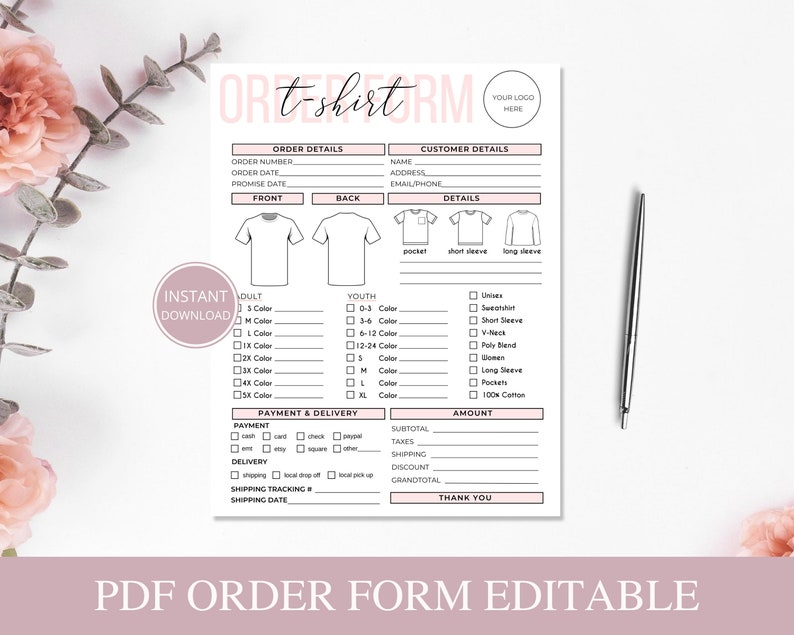 Fillable t shirt order form editable printable shirt order etsy