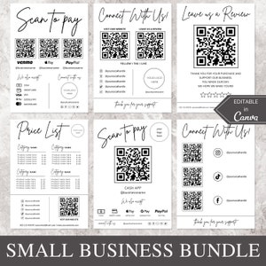 Sinal de código QR para pequenas empresas I Canva Template editável, modelo de lista de preços e modelo de sinal de digitalização para pagamento, conecte-se conosco, sinal de pagamento