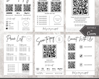 Signo de código Qr para pequeñas empresas I Plantilla Canva editable, plantilla de lista de precios y plantilla de signo de escaneo para pagar, conéctese con nosotros, signo de pago