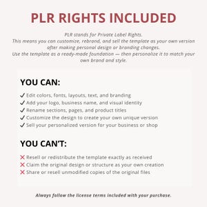 May include: A white document with the text "PLR RIGHTS INCLUDED" in maroon. The text explains private label rights, detailing what users can and cannot do with the template, including editing, rebranding, and selling personalized versions.