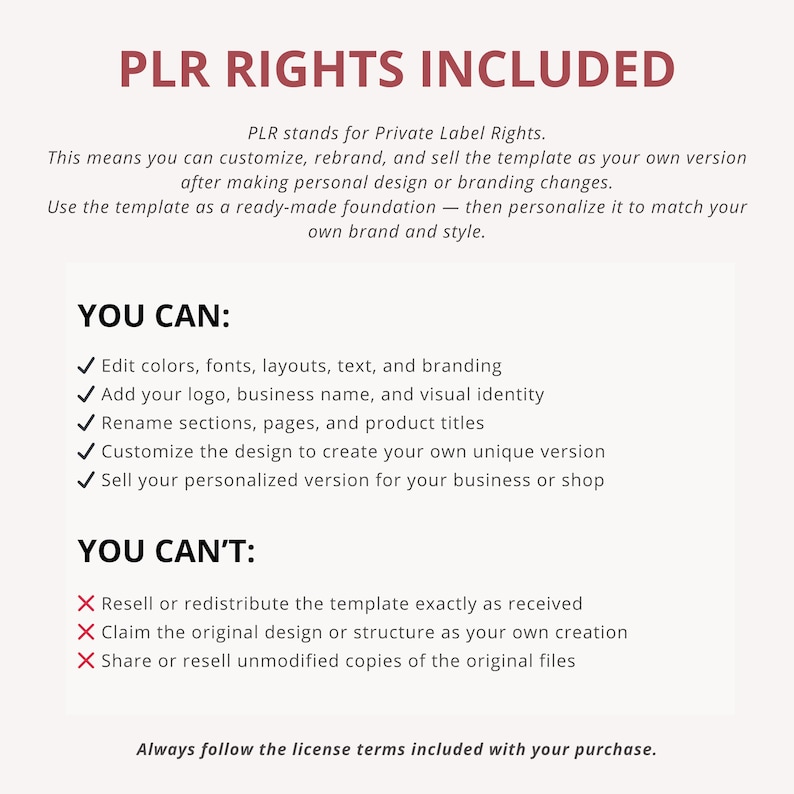 May include: A white document with the text "PLR RIGHTS INCLUDED" in maroon. The text explains private label rights, detailing what users can and cannot do with the template, including editing, rebranding, and selling personalized versions.
