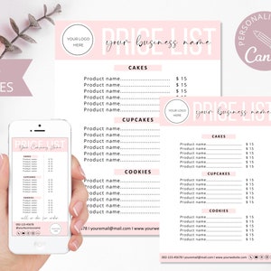 Cake Price List Template, Canva Editable Cupcakes Price List, Cookies Price List, Business Price Guide, Bakery Pink Price Sheet. DTP-003