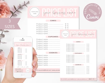 Cake Price List Template, Canva Editable Cupcakes Price List, Cookies Price List, Business Price Guide, Bakery Pink Price Sheet. DTP-003