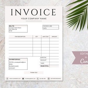 Editable Invoice Template I Canva Template I Printable Order Form Invoice I Small Business Digital Invoice Form I Editable Billing Form