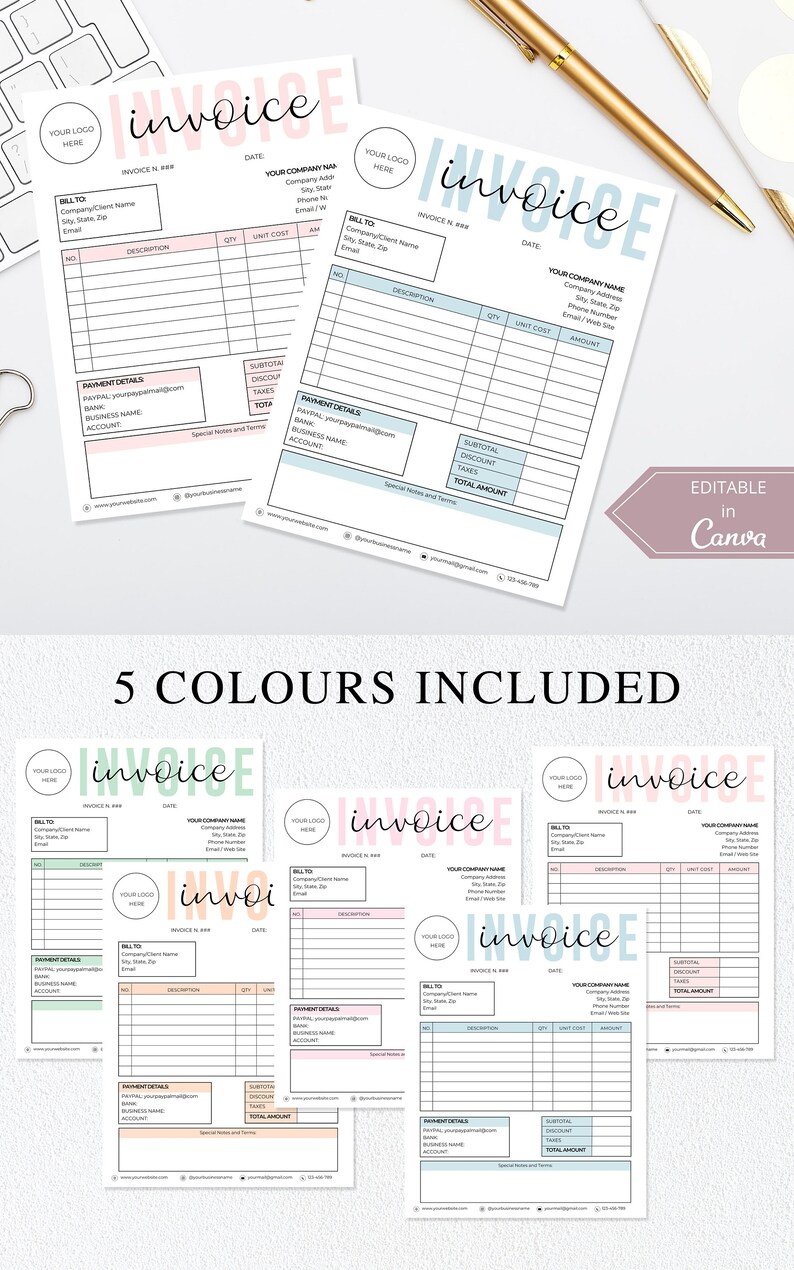 Invoice File Colour Invoice Editable Template, Printable Order Form Invoice, 5 Premade ...