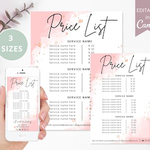 Modelo de lista de preços, lista de preços de cabelo DIY editável do Canva, lista de preços de beleza, guia de preços comerciais, planilha de preços de padaria rosa.