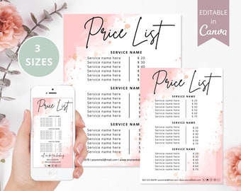 Puede incluir: Una plantilla de lista de precios rosa y blanca con detalles de purpurina dorada. La plantilla es editable en Canva e incluye tres tamaños. El texto de la plantilla dice "Price List" e incluye una lista de servicios con precios.
