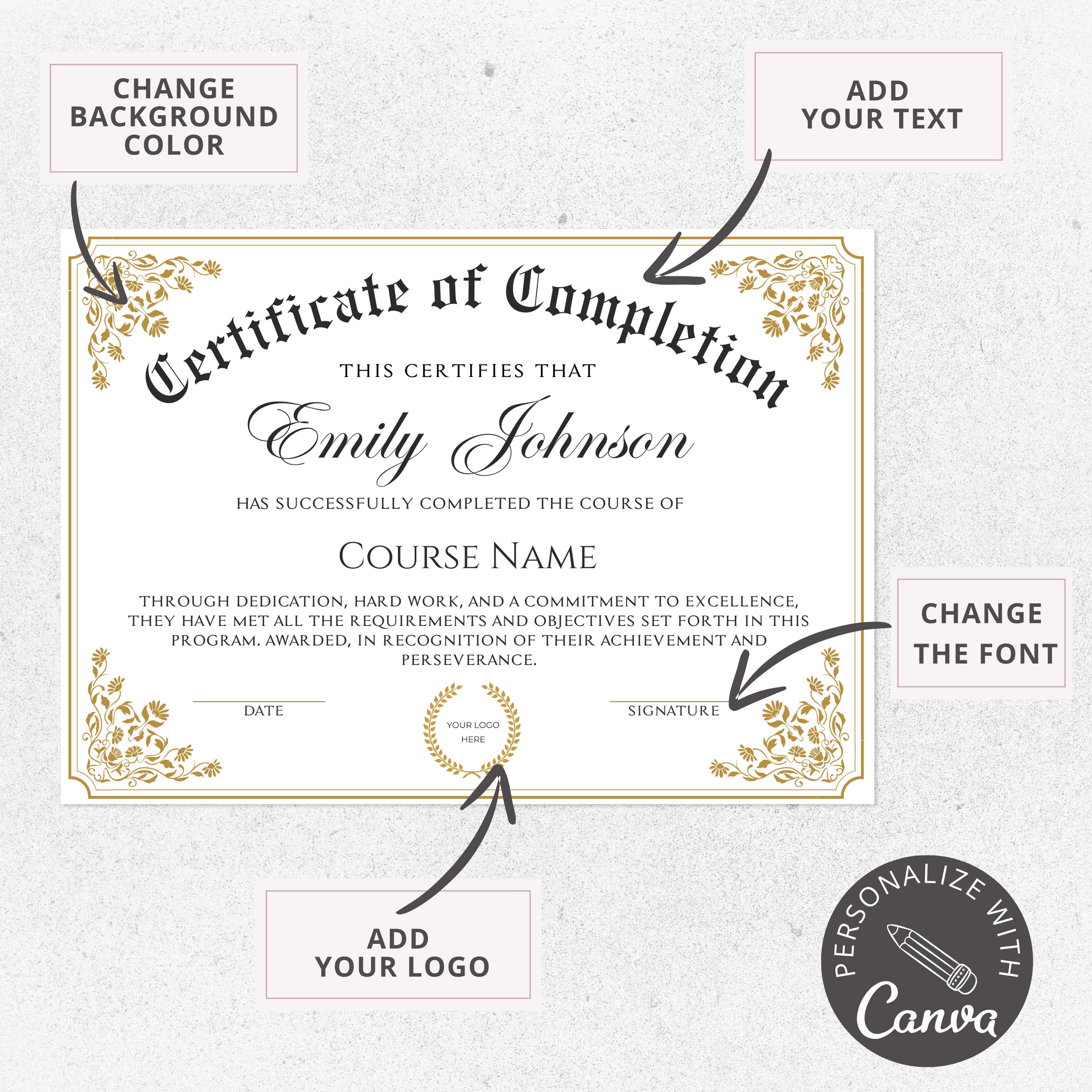 Certificate of Completion I Editable Canva Template, Course Certificate ...