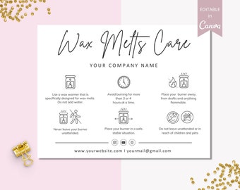 Wax Melts Care Card Editable Template, Printable Wax Melts Care Instructions Card, Small Business Wax Melt Care Cards. DTP-030