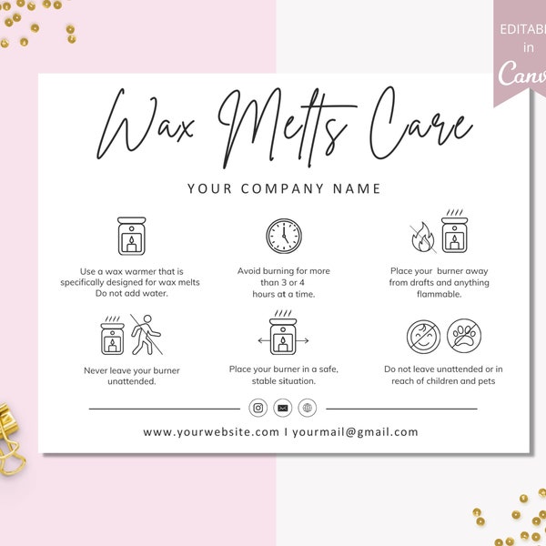 Wax Melts Care Card Editable Template, Printable Wax Melts Care Instructions Card, Small Business Wax Melt Care Cards. DTP-030