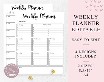 Könnte beinhalten: Ein weißer Wochenplaner mit schwarzem Text, der Abschnitte für jeden Wochentag und Wochenziele enthält. Der Text "Weekly Planner Editable" wird angezeigt, zusammen mit "4 Designs Included" und "2 Sizes: 8.5x11" A4".