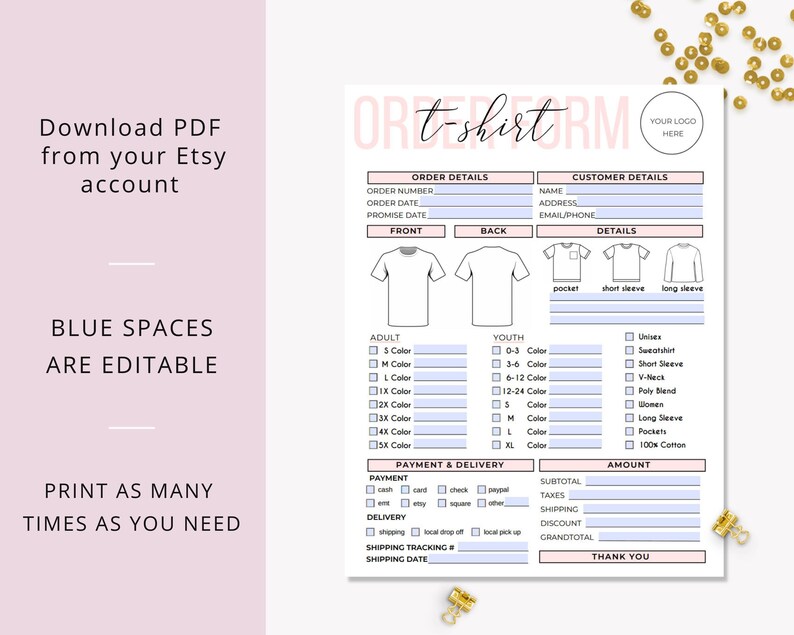 Fillable t shirt order form editable printable shirt order etsy