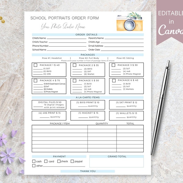 School Photography Order Form Template | Preschool Photos Printable Order Forms | 100% Editable Invoice Template Receipt | DTP-004