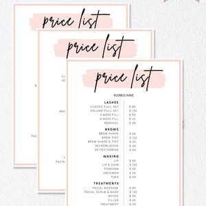 May include: A pink and white price list for a beauty business. The list includes services such as lashes, brows, waxing, and treatments. Prices are listed in US dollars.